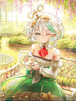 1girl ;) absurdres ascot braid cecilia_immergreen cecilia_immergreen_(1st_costume) closed_mouth corset cup detached_collar detached_sleeves doll_joints dols_art flower gradient_hair green_corset green_eyes green_hair green_skirt grey_hair highres holding holding_cup holding_saucer hololive hololive_english joints medium_hair multicolored_hair on_bench one_eye_closed purple_flower red_ascot romper saucer sitting skirt smile solo table tea teacup virtual_youtuber white_romper winding_key