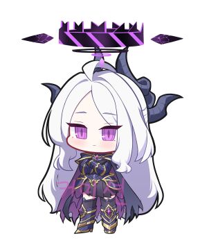 1girl absurdres ahoge armor black_cape black_halo black_horns blue_archive blush cape chibi chibi_only commentary_request crossed_arms demon_girl demon_horns halo highres hina_(blue_archive) horns jhsd korean_commentary long_hair looking_at_viewer multiple_horns parted_bangs purple_eyes purple_halo simple_background solo white_background white_hair