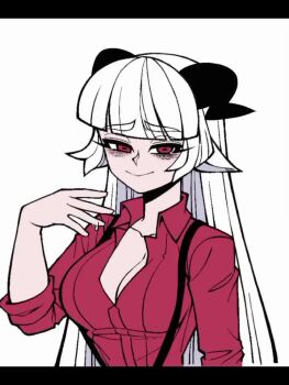 1girl animated baphomet_(grizz) blunt_bangs blush breasts cleavage demon_girl goat_horns greyscale grizz helltaker highres horizontal_pupils horns large_breasts licking licking_finger long_hair monochrome original partially_unbuttoned sleeves_rolled_up solo suspenders tagme tongue tongue_out upper_body video