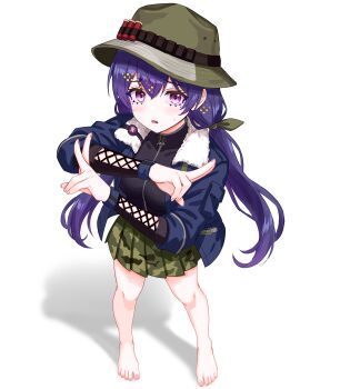 Rule 34 | 1girl, absurdres, ammunition, bare legs, barefoot, blue jacket, blush, bucket hat, camouflage, camouflage skirt, commentary, eyelashes, feet, full body, fur collar, girls' frontline, girls' frontline 2: exilium, green hat, green skirt, hair between eyes, hair ribbon, hat, highres, jacket, legs, long hair, long sleeves, looking at viewer, lotta (girls' frontline 2), miniskirt, open clothes, open jacket, open mouth, pleated skirt, plunplun, purple eyes, purple hair, ribbon, shadow, shotgun shell, simple background, skirt, solo, standing, sweatdrop, toenails, toes, twintails, v, very long hair, white background