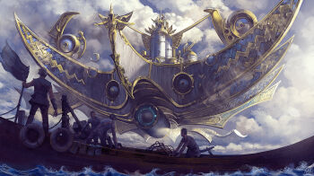 4boys backlighting black_hair boat cloud cloudy_sky commentary dark fantasy highres lifebuoy machine multiple_boys ocean original outdoors rope scenery short_hair signature sky swim_ring watercraft