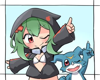 Rule 34 | 1girl, ;), arm up, bikini, bikini top only, black bikini, black jacket, blush, breasts, chibi, cleavage, closed mouth, commentary request, cowboy shot, digimon, digimon (creature), digimon world re:digitize, goggles, goggles around neck, green hair, hair between eyes, hair ornament, hood, hood up, hooded jacket, index finger raised, jacket, kica28v, long sleeves, looking at viewer, multicolored bikini, one eye closed, open mouth, partially unzipped, shinomiya rina, short hair, short hair with long locks, sidelocks, smile, standing, stomach, swimsuit, two-tone bikini, v-mon, white bikini, x hair ornament