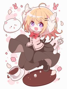 1girl :d abstract_background ahoge angora_rabbit apron arms_up belt black_boots black_outline blush_stickers boots bright_pupils brown_leggings brown_skirt buckle coffee collared_shirt commentary_request cup deformed falling_petals flower gochuumon_wa_usagi_desu_ka? hair_flower hair_ornament hairclip highres hoto_cocoa jumping leggings light_blush long_eyelashes looking_at_viewer multiple_hair_clips neru_(neruneruru) open_mouth orange_hair outline parallel_hairclips petals pink_apron plate purple_eyes rabbit rabbit_house_uniform rabbit_pose rabbit_symbol shirt simple_background skirt smile solo spilling spoon sugar_cube tippy_(gochiusa) tray white_background white_pupils white_shirt winter_uniform