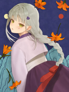 Rule 34 | 1girl, alternate costume, alternate hairstyle, braid, braided ponytail, clothing request, clover hair ornament, commentary, english commentary, flower, from behind, girls' frontline, green eyes, grey hair, hair ornament, highres, hk416 (girls' frontline), kir (khw66136132), lily (flower), long hair, looking at viewer, looking back, open mouth, orange flower, purple skirt, skirt, solo, tattoo, teardrop facial mark, teardrop tattoo