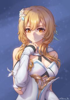 1girl artist_name bare_shoulders blonde_hair breasts closed_mouth commentary dress feather_hair_ornament feathers flower genshin_impact hair_flower hair_ornament highres lumine_(genshin_impact) medium_breasts medium_hair scarf solo stormstx twitter_username upper_body white_dress white_flower white_scarf yellow_eyes