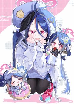 3girls :d antenna_hair black_pantyhose blue_archive blue_hair candy_apple character_name chibi chibi_inset closed_eyes colored_shadow commentary_request cotton_candy donut_innertube double_bun food fubuki_(blue_archive) hair_bun halo hands_on_own_face highres innertube japanese_clothes kimono long_hair long_sleeves looking_at_viewer megaphone multiple_girls nyou_0 official_alternate_costume open_mouth pantyhose pink_eyes pink_shoes shadow shoes simple_background smile swim_ring takoyaki twintails two-tone_background whistle whistle_around_neck