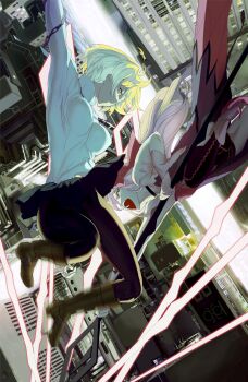 Rule 34 | 2girls, ahoge, arcueid brunestud, attack, battle, black leotard, black pantyhose, blonde hair, boots, bow, breasts, brown boots, building, chain, chain around arm, choker, city, dead apostle noel (tsukihime), dress, dress bow, fighting, fighting stance, floating, floating clothes, floating hair, hair intakes, high heels, highres, holding, holding weapon, huge breasts, incoming attack, jewelry, leotard, long hair, looking at another, melty blood, melty blood: type lumina, miniskirt, multiple girls, necklace, noel (tsukihime), open mouth, pantyhose, pink bow, pink hair, polearm, primitive32ele1, purple dress, red eyes, shirt, short hair, sidelocks, skirt, spear, sweater, teeth, thighhighs, tsukihime, tsukihime (remake), turtleneck, turtleneck sweater, two side up, upper teeth only, vampire, wavy hair, weapon, white shirt, white sweater, wrist cuffs