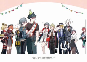 !? 2bnerikeshi 5boys 6+girls anger_vein animal_ear_fluff animal_ears astra_yao bag birthday black_gloves black_hair black_jacket black_pants black_shirt black_thighhighs blonde_hair breasts burnice_white closed_eyes closed_mouth collared_shirt commentary_request dress ellen_joe ellen_joe_(on_campus) evelyn_chevalier eyewear_on_head fingerless_gloves furry furry_male gloves grey_hair hair_between_eyes hair_over_one_eye hairband hand_on_another's_shoulder hand_on_own_hip happy_birthday hat highres horns hugo_vlad jacket komano_manato leg_up lighter_(zenless_zone_zero) long_hair long_sleeves lucia_elowen multiple_boys multiple_girls necktie open_mouth orphie_magnusson pants pantyhose party_hat peeking_out pointy_ears puff_of_air red_hair scar scar_on_arm shirt short_hair simple_background skirt soldier_11_(zenless_zone_zero) sparkle sunglasses thighhighs von_lycaon white_dress white_hairband white_shirt wise_(zenless_zone_zero) zenless_zone_zero