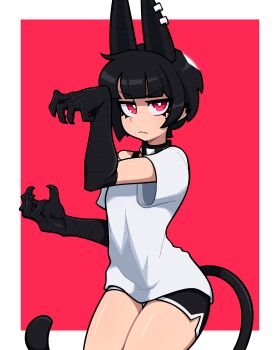 1girl :< absurdres animal_ear_piercing animal_ears black_choker black_hair black_shorts breasts bright_pupils choker closed_mouth ear_piercing highres makoto_(muds) mole mole_under_eye muds original piercing red_eyes shiny_skin short_shorts short_sleeves shorts small_breasts solo spiked_choker spikes tail white_pupils