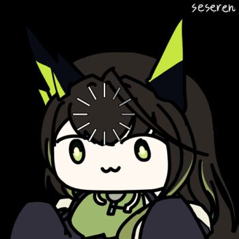 1girl :3 animated animated_gif arknights artist_name black_hair chibi dress green_dress green_eyes loading_icon long_hair looking_at_viewer lowres mon3tr_(arknights) seseren simple_background sleeves_past_fingers sleeves_past_wrists solo transparent_background