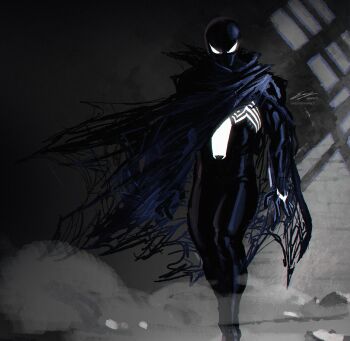 1boy absurdres animal_print artist_name black_bodysuit black_cloak bodysuit cloak commentary english_commentary enzo_fernandez grey_background highres looking_at_viewer male_focus marvel mask signature smoke solo spider-man spider-man_(series) spider_print superhero_costume symbiote v-shaped_eyes