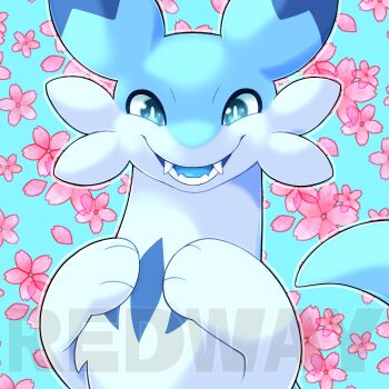 Rule 34 | absurdres, blue background, blue eyes, blue skin, chillet, colored skin, english text, flower, gluteal fold, highres, looking at another, looking at viewer, no humans, open mouth, pal (creature), palworld, pink flower, solo, umbreonglow, upper body, watermark