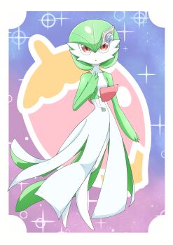 1girl :&lt; absurdres arm_at_side bob_cut border breasts collarbone colored_skin female_focus full_body gardevoir gen_3_pokemon green_hair green_skin hair_ornament hairclip hand_up highres holding holding_jewelry holding_necklace jewelry large_variant_set looking_at_viewer mega_stone multicolored_skin necklace nintendo no_feet open_mouth pokemon pokemon_(anime) pokemon_(creature) poketoon red_eyes short_hair small_breasts solo sparkle standing textless_version toppupan two-tone_skin variant_set white_border white_skin