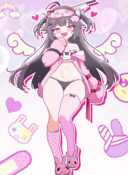 1girl :d ahoge asymmetrical_legwear bandaid black_panties blush breasts brown_hair fang full_body hair_ornament heart jacket jamilsaga kneehighs knife kyojiri_loli loli long_hair long_sleeves looking_at_viewer mesugaki navel off_shoulder open_clothes open_mouth original panties pasties pink_jacket pink_socks pink_thighhighs red_eyes single_kneehigh single_sock single_thighhigh skin_fang sleep_mask sleeves_past_fingers sleeves_past_wrists slippers small_breasts smile socks solo thighhighs thighs two_side_up underwear x_hair_ornament