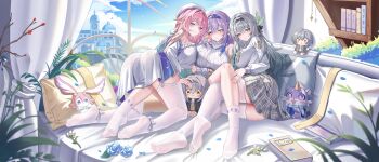 3girls absurdres ass bed beret black_hairband blue_hairband breasts castorice_(honkai:_star_rail) castorice_(luckin_coffee)_(honkai:_star_rail) character_doll chinese_commentary colored_skin commentary_request cyrene_(demiurge)_(honkai:_star_rail) cyrene_(galaxy_store)_(honkai:_star_rail) cyrene_(honkai:_star_rail) diamond-shaped_pupils diamond_(shape) doll dress firefly_(honkai:_star_rail) firefly_(spring_missive)_(honkai:_star_rail) grey_hair grey_skin hairband hat highres honkai:_star_rail honkai_(series) jndfh large_breasts long_hair looking_at_viewer mem_(honkai:_star_rail) multiple_girls no_shoes official_alternate_costume pink_hair purple_eyes purple_hair school_uniform shirt soles stelle_(honkai:_star_rail) symbol-shaped_pupils thighhighs toes trailblazer_(honkai:_star_rail) very_long_hair white_dress white_shirt white_thighhighs