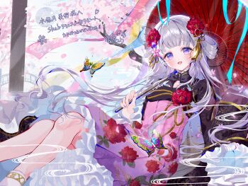 Rule 34 | 1girl, absurdres, black shrug, bug, butterfly, cherry blossoms, chinese clothes, commentary request, commission, flower, grey hair, hair flower, hair ornament, hanfu, hibari yuu, highres, holding, holding umbrella, indie virtual youtuber, insect, long hair, long sleeves, looking at viewer, minazuki miou (vtuber), open mouth, pink flower, purple eyes, qixiong ruqun, red flower, red umbrella, shrug (clothing), skeb commission, smile, solo, umbrella, virtual youtuber