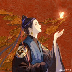 Rule 34 | 1girl, beads, black eyes, black hair, black robe, black sleeves, blue vest, bug, butterfly, chinese clothes, chinese commentary, circle, closed mouth, commentary request, dangle earrings, earrings, eyeshadow, fog, glowing butterfly, gold earrings, hair beads, hair bun, hair ornament, hair ribbon, hand up, hanfu, highres, insect, jewelry, lipstick, long sleeves, looking at animal, looking at viewer, makeup, original, purple ribbon, qihe hehe, red background, red lips, red ribbon, ribbon, robe, short hair, simple background, single hair bun, smile, solo, two-sided sleeves, upper body, vest, weibo watermark, wide sleeves, yellow butterfly