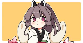 Rule 34 | 1girl, alternate hairstyle, blush, border, brown hair, closed mouth, dot nose, hair between eyes, hand up, headgear, ini (inunabe00), japanese clothes, kimono, kiritanpo (food), long hair, long sleeves, looking at viewer, obi, outline, outside border, ponytail, red eyes, red sash, sash, simple background, sleeves past wrists, solo, touhoku kiritan, upper body, voiceroid, white border, white kimono, white outline, wide sleeves, yellow background