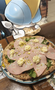 1other alternate_color artist_name bandana bandana_around_neck blue_hair blunt_bangs blush bowl_cut cheek_bulge colored_skin covered_eyes eating food food_focus gen_3_pokemon hair_over_eyes ham holding holding_food indoors nintendo other_focus photo_background pizza plate pokemon pokemon_(creature) ralts shiny_pokemon short_hair signature solo table twitter_username white_bandana white_skin yueryu_(taroyuer2)