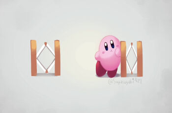 :t blue_eyes blush_stickers closed_mouth commentary_request grey_background kirby kirby_(series) looking_at_viewer nintendo no_humans simple_background solo spring_(object) suyasuyabi twitter_username