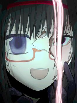 1girl :d akemi_homura black_eyes black_gloves black_hair cracked_kawaii_mask cracked_mask empty_eyes eyelashes functionyaro gloves hairband hand_up highres long_hair looking_at_viewer mahou_shoujo_madoka_magica open_mouth portrait purple_eyes red-framed_eyewear red_hairband semi-rimless_eyewear smile solo under-rim_eyewear