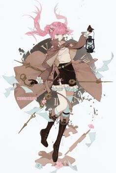 1girl absurdres asymmetrical_legwear belt boots breasts brown_belt brown_boots brown_capelet brown_coat brown_gloves brown_ribbon brown_shorts buttons capelet chinese_commentary coat commentary_request commission cuffs floating_hair frilled_shorts frilled_sleeves frills full_body gloves hair_bun half_gloves handcuffs highres holding holding_handcuffs holding_lantern kenyisheng keyring knee_boots kneehighs lantern leg_up long_hair mihuashi_commission open_belt open_clothes open_coat open_mouth pink_eyes pink_hair ribbon sample_watermark shirt shorts single_thighhigh small_breasts socks solo the_hundred_line_-last_defense_academy- thighhighs tsukumo_kako twintails very_long_hair watermark white_shirt white_socks white_thighhighs