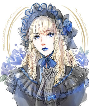 1boy black_bonnet black_dress blonde_hair blue_bonnet blue_eyes blue_flower blue_lips bonnet collar collared_dress crossdressing crossdressing_(mtf) dress drill_hair flower frilled_collar frills goth_fashion hat hat_flower headdress highres layered_collar lipstick makeup malice_mizer mana_(malice_mizer) medium_hair nazuki own_hands_clasped own_hands_together real_life simple_background solo visual_kei white_background