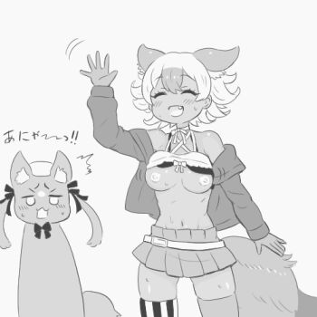 2girls animal_ears belt bow bowtie breasts camisole coyote_(kemono_friends) extra_ears fox_ears fox_girl fox_tail hat island_fox_(kemono_friends) jacket kemono_friends kemono_friends_v_project long_hair looking_at_viewer lowres medium_breasts metamimi multiple_girls navel nipples ribbon short_hair simple_background skirt tail thighhighs twintails virtual_youtuber wolf_ears wolf_girl wolf_tail