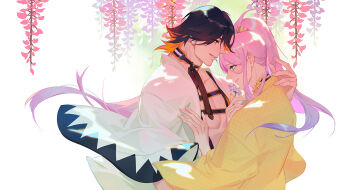 2boys black_hair blue_eyes closed_mouth commentary_request flower flower_request flower_to_mouth grin hachisuka_kotetsu japanese_clothes kimono male_focus multiple_boys nagasone_kotetsu ncww_rinichi parted_lips pectorals pink_hair ponytail short_hair smile touken_ranbu white_background wide_sleeves wisteria yaoi yellow_kimono