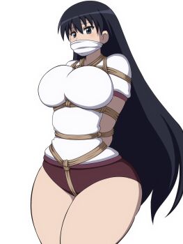 Rule 34 | 1girl, arms behind back, azumanga daiou, bdsm, black eyes, black hair, bound, bound arms, breasts, buruma, gagged, gym shirt, gym shorts, gym uniform, highres, kerriaria, large breasts, legs together, long hair, looking at viewer, okura (okra sticky), rope, sakaki (azumanga daioh), shibari, shibari over clothes, shirt, short sleeves, shorts, simple background, solo, standing, thighs, white background, white shirt