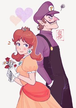 1boy 1girl black_overalls blush brown_hair crown dress earrings flower flower_earrings gloves grey_background hat heart highres jewelry long_hair mario_(series) nintendo onirizu orange_dress overalls pointy_ears princess_daisy puffy_short_sleeves puffy_sleeves purple_hat purple_shirt shirt short_sleeves simple_background waluigi white_gloves