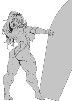 1girl abs ass back barefoot barghest_(fate) barghest_(over_the_same_sky)_(fate) biceps bodysuit breasts commentary_request diving_suit fate/grand_order fate_(series) full_body greyscale highleg horns huge_breasts korean_commentary long_hair long_sleeves looking_at_viewer looking_back minew monochrome muscular muscular_female solo surfboard thick_thighs thighs wet wetsuit