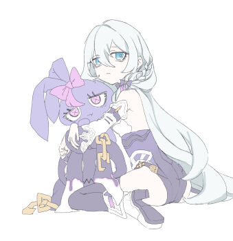 Rule 34 | 1girl, bags under eyes, blue eyes, bow, braid, closed mouth, commentary request, doll, full body, hair bow, highres, honkai (series), honkai impact 3rd, hugging object, long hair, looking at viewer, purple bow, purple thighhighs, qsz hi3, shoe soles, sitting, solo, theresa apocalypse, theresa apocalypse (schicksal's imperative), thighhighs, wariza, white background, white hair