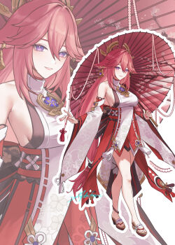 1girl animal_ears bare_shoulders breasts detached_sleeves floppy_ears fox_ears genshin_impact hal_aluha highres japanese_clothes large_breasts long_hair looking_at_viewer low-tied_long_hair nontraditional_miko oil-paper_umbrella outline parted_lips pink_hair pink_nails purple_eyes sandals sideboob solo umbrella white_outline wide_sleeves yae_miko zoom_layer