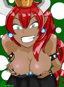 1girl armlet artist_name artist_request black_armlet black_armwear black_collar black_cuffs black_dress black_nail_polish black_nails black_wrist_cuffs blue_earrings blue_eyes body_blush bowsette bracelet breasts breast_focus cleavage clenched_teeth collar commission crown cuffs cupping_hands dark-skinned_female dark_skin dress ear_piercing earrings ears eyelashes female_focus gold gold_crown green_eyes grey_trim grin hands_on_own_breasts heart heart-shaped_pupils highres horns jewelry large_breasts long_eyebrows long_eyelashes lower_teeth_only mario_(series) mega_milk mega_milk_(meme) mistrespumbloom new_super_mario_bros._u_deluxe nintendo original own_hands_together pierced_ears piercing pixiv pixiv_commission pixiv_username pointy_ears ponytail red_background red_hair sharp_nail sharp_nails sharp_teeth shiny_clothes smile studded_armlet studded_bracelet studded_collar symbol-shaped_pupils teeth thick_eyebrows thick_eyelashes thin_eyebrows two_tone_background two_tone_eyes upper_teeth_only white_polka_dots wrist_cuff wrist_cuffs