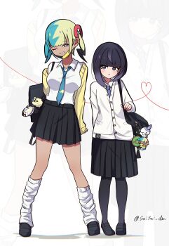 2girls :o alternate_costume aqua_hair bag bag_charm black_bag black_hair black_shoes black_skirt blonde_hair blue_necktie blunt_bangs blush bob_cut canari_(pokemon) canari_plush_(pokemon) charm_(object) eyelashes full_body gen_2_pokemon gen_5_pokemon gwynn_(pokemon) hasu_175 heart highres jacket litwick long_sleeves looking_at_viewer mareep multicolored_hair multiple_girls necktie nintendo off_shoulder one_eye_closed pantyhose pleated_skirt pokemon pokemon_legends:_z-a purple_eyes purple_hair purple_necktie school_bag school_uniform shirt shoes skirt socks standing twintails twitter_username tynamo white_jacket white_shirt white_socks yellow_jacket