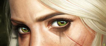 1girl absurdres brother_thunder ciri close-up eye_focus facial_scar green_eyes highres looking_at_viewer realistic scar scar_on_cheek scar_on_face solo the_witcher_(series) the_witcher_3 white_hair