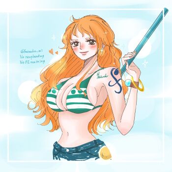 1girl bangle bare_shoulders bikini bikini_top_only blush bracelet breasts brown_eyes cleavage clima-tact closed_mouth commentary_request denim earrings green_bikini heart highres holding holding_staff jeans jewelry koinako_mi large_breasts log_pose long_hair looking_at_viewer nami_(one_piece) narrow_waist navel one_piece orange_hair pants pearl_earrings shoulder_tattoo smile solo sparkle staff stomach swimsuit tattoo twitter_username upper_body wavy_hair