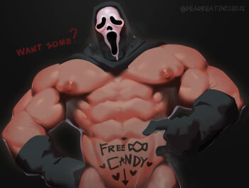 1boy abs artist_name bara biceps body_writing covered_erect_nipples dead_by_daylight deadbeatincubus english_text feet_out_of_frame ghostface gloves hood hoodie large_pectorals looking_at_viewer male_focus manly mask mature_male muscular muscular_arms muscular_male nipples pectorals precum scream_(movie) simple_background solo topless_male twitter_username