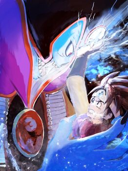 Rule 34 | 2boys, absurdres, blue skin, brown gloves, brown hair, circlet, clenched teeth, cold, colored skin, commentary request, dated, dragon quest, dragon quest iii, fingernails, gloves, gold circlet, helmet, hero (dq3), highres, looking at another, male focus, multiple boys, one eye closed, open mouth, profile, red eyes, roto (dq3), ryu gamori, sharp fingernails, sharp teeth, short hair, spiked hair, sweatdrop, teeth, third eye, wet, yellow sleeves, zoma