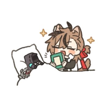 1boy 1other :d ^_^ animal_ears arknights black_jacket black_shirt blush_stickers brown_hair cat_boy cat_ears cat_tail chibi chickenuma_0 closed_eyes commentary_request doctor_(arknights) hair_between_eyes hair_ribbon highres holding hood hood_up hooded_jacket jacket long_sleeves male_focus multicolored_hair open_mouth pillow ponytail red_ribbon ribbon shirt simple_background smile sparkle stainless_(arknights) streaked_hair tail under_covers white_background white_jacket