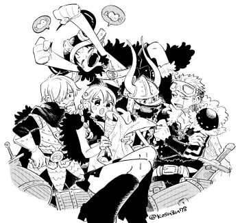 1girl 4boys :o ahoge aliasing arms_up artist_name bare_arms bare_legs beard blush boned_meat boots braid breasts cape capelet cleavage cowlick crop_top crossed_arms facial_hair fake_horns food frown full_body fur_cape fur_capelet fur_trim gloves hair_over_one_eye halftone helmet high_heel_boots high_heels holding holding_map horned_helmet horns jitome knight legs long_hair long_nose looking_at_map map meat medium_hair mitsubachi_koucha monkey_d._luffy monochrome multiple_boys nami_(one_piece) nami_(one_piece)_(elbaf) no_nose official_alternate_costume one_eye_closed one_piece open_mouth roronoa_zoro sanji_(one_piece) scar scar_across_eye scar_on_chest scar_on_face short_hair shoulder_pads simple_background sitting smile speech_bubble spiked_hair standing stretching sword tareme teeth topless_male twitter_username upper_body usopp v-shaped_eyebrows very_long_hair very_short_hair weapon white_background