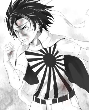 1boy bare_arms belt black_hair blood blood_on_clothes blood_on_face blood_on_hands clenched_hand collared_jacket commentary gakuran greyscale hand_up headband injury jacket jacket_on_shoulders long_sleeves male_focus monochrome open_clothes open_jacket open_mouth pants print_shirt rising_sun_flag school_uniform shin_(highest1192) shirt short_hair short_sleeves sogiita_gunha solo sunburst teeth toaru_majutsu_no_index upper_body v-shaped_eyebrows white_headband white_jacket white_pants