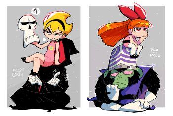 1boy 1girl absurdres annoyed black_footwear black_headband black_sash blossom_(ppg) blush_stickers border bow brain_capsule bright_pupils capsule_helmet character_name claws closed_mouth colored_skin crossed_arms dress english_text eyebrows fewer_digits floating_hair flower gloves green_skin grey_background grim_(grim_adventures) hair_bow hat headband highres hollow_eyes jaggy_lines jitome long_dress long_hair mandy_(grim_adventures) mojo_jojo monkey orange_hair pantyhose pink_dress pink_eyes ponytail powerpuff_girls purple_vest raised_eyebrow rariatto_(ganguri) red_bow sash scythe serious shoes short_dress sitting skeleton sound_effects speech_bubble striped_brain_capsule the_grim_adventures_of_billy_&amp;_mandy very_long_hair vest white_border white_brain_capsule white_gloves white_pantyhose white_pupils