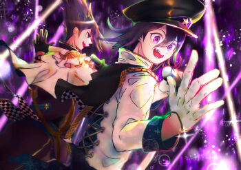 Rule 34 | 2boys, adapted costume, audience, black cape, black gloves, black hat, black shirt, cape, checkered cape, checkered clothes, collared jacket, commentary request, cowboy shot, criss-cross back-straps, cross-laced jacket, danganronpa (series), danganronpa v3: killing harmony, delidelidelic, epaulettes, fang, gloves, glowstick, hair between eyes, happy, hat, high collar, holding, holding microphone, idol, jacket, light particles, long hair between eyes, long sleeves, male focus, microphone, momota kaito, multiple boys, music, oma kokichi, open mouth, pants, peaked cap, penlight (glowstick), purple eyes, purple hair, purple jacket, purple pants, shirt, short hair, singing, sleeve cuffs, smile, spiked hair, stage lights, standing, teeth, two-sided cape, two-sided fabric, waving, white gloves, white jacket