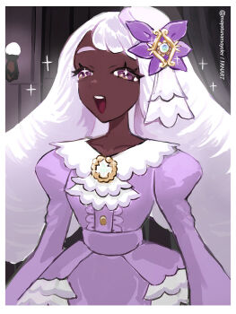 1girl :d border collarbone commentary dark-skinned_female dark_skin dress eyelashes happy highres indoors jacinthe_(pokemon) long_hair mayotsunamayo nintendo open_mouth pokemon pokemon_legends:_z-a puffy_sleeves purple_dress purple_eyes smile solo sparkle teeth tilted_headwear tongue twitter_username upper_teeth_only white_border