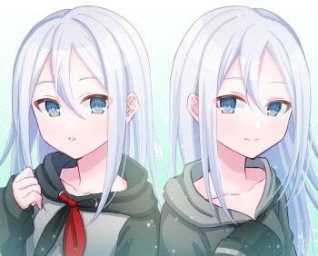 2girls blue_eyes closed_mouth collarbone commentary gradient_background hair_between_eyes highres hood hoodie long_hair long_sleeves multiple_girls project_sekai signature sleeves_past_fingers sleeves_past_wrists smile white_hair yoisaki_kanade yukimura_88