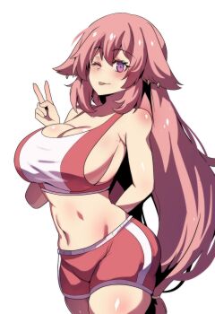 1girl ;p alternate_costume animal_ears bare_shoulders breasts cleavage commentary cowboy_shot crop_top fox_ears genshin_impact higher_resolution_available highres hinghoi large_breasts long_hair looking_at_viewer midriff navel one_eye_closed pink_hair purple_eyes red_shorts short_shorts shorts simple_background smile solo sports_bra standing stomach thighs tongue tongue_out very_long_hair white_background yae_miko