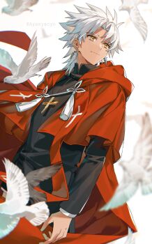 1boy absurdres amakusa_shirou_(fate) ayasyacyo bird cloak cowboy_shot cross cross_necklace dark-skinned_male dark_skin earrings fate/apocrypha fate/grand_order fate_(series) highres hood hooded_cloak jewelry long_hair long_sleeves male_focus medium_hair necklace priest smile solo stole white_background white_hair yellow_eyes