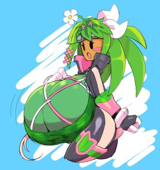 1girl :o black_bodysuit blaster_master_zero blush_stickers bodysuit breasts caliginousarts cleavage colored_skin commentary english_commentary flower flower_on_head flower_pot food_print fruit_print gigantic_breasts goggles goggles_on_head green_hair green_skin highres kanna_(blaster_master_zero) monster_girl object_head partially_unzipped plant_girl plant_hair watermelon_print